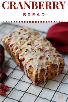 cranberry bread on a cooling rack with text overlay