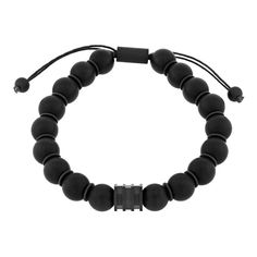 Stainless steel black ion-plated bolo bracelet with eighteen 10 millimeter onyx beads This 10.5 inch bracelet contains a unique sliding clasp which allows the bracelet to adjust easily and remain secure for an effortlessly stylish statement. Adjustable Matte Black Modern Jewelry, Modern Matte Black Adjustable Jewelry, Modern Black Bracelet With 8mm Beads, Modern Black Bracelets With 8mm Beads, Adjustable Gunmetal Bracelet For Everyday, Adjustable Black Jewelry With 8mm Beads, Modern Black Round Bead Bracelets, Elegant Adjustable Matte Black Jewelry, Elegant Matte Black Adjustable Jewelry