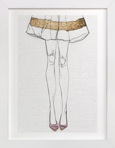 a drawing of a woman's legs in high heeled shoes with gold trim