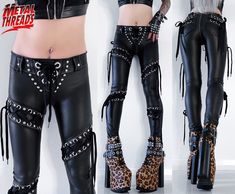 Rock 'N' Roll Outlaw ☠️ Custom made to order spandex pants handmade from black leather- look spandex. They have 4 studded lace up panels on the front of the legs, as well as lace up studded back pockets, belt loops and a studded lace up crotch. Limited edition: only 5 pairs available. Handmade in Australia. Available for both men and women Pants are custom made to measure in your exact size. Measurements needed are waist, hips, rise and inseam. Order wait time 4-8 weeks For more pixx/info contac Patchwork Leather Pants, Studded Leggings, Lace Up Pants, Rock And Roll Fashion, Gothic Costume, Heavy Metal Fashion, Studs And Spikes, Lace Up Leggings, Spandex Pants