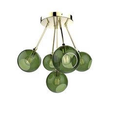 a green chandelier with five lights hanging from it's center and four circular glass shades on each light fixture