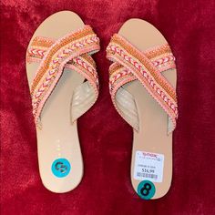 Gorgeous Embellished Sandals Brand-New, Never Worn With Tags. Beautiful Pink, Coral And Gold Tones. Purchased From Tj-Maxx Pink Bohemian Sandals For Spring, Pink Sandals For Spring Festival, Pink Bohemian Sandals For Vacation, Beaded Sandals For Beach In Spring, Casual Pink Sandals For Festivals, Casual Embellished Beach Sandals, Casual Embellished Sandals For Beach Season, Embellished Summer Beach Sandals, Pink Beaded Sandals For Spring