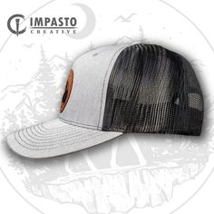 "'Moose Outdoor' design engraved leather patch hat. Laser Engraved Leather patch hat. Gray and Black Richardson Trucker Hat. 1Permacurv visor Matching snapback closure 3 1/2\" mid-profile crown 8-row stitching on visor Matching undervisor 6-panel, structured, hard buckram backed front panels 65% polyester, 35% cotton" Leather Patch Trucker Hat For Camping, Black Trucker Hat With Leather Patch For Outdoor, Black Trucker Hat With Leather Patch For Outdoor Activities, Trucker Hat With Flat Bill For Hunting, Leather Patch Hat, Cool Hat, Laser Engraved Leather, Black Trucker Hat, Leather Engraving