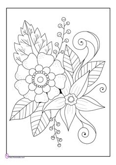 a coloring page with flowers and leaves