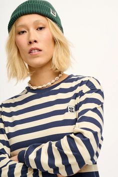 Our classic long sleeve tee in Navy & Ecru Stripes! Lucy Yak, Comfy Clothing, Hair Socks, Stripe Outfits, Tee Dress, Comfy Outfits, Skirt Top, Hat Hairstyles, Long Sleeve Tee