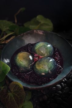 three green eggs sitting in a bowl on top of some rocks and plants with leaves around them