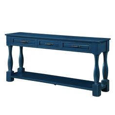 a blue console table with two drawers