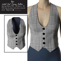 Elevate your wardrobe with our versatile Women's Waist Coat sewing pattern! This button-down vest design combines timeless style with modern sustainability, making it a must-have for every season. With its sleeveless design, our waistcoat pattern effortlessly transitions from a chic layering piece in the winter to a breezy summer essential. Crafted for modest fashion enthusiasts, this pattern allows you to create a modest yet stylish look that's perfect for spring, summer, fall, or even layering during colder months. WHAT DOES THE PROJECT CONTAIN? The project includes easy downloadable PDF patterns of the design, along with step-by-step instructions on assembly and construction of the garment.  The files will be accessible to you as soon as you make the purchase.  HOW TO USE IT? Once the p Fitted Sleeveless Spring Sewing Pattern, Spring Sleeveless Fitted Sewing Pattern, Fitted Sleeveless Sewing Pattern For Spring, Fitted V-neck Vest, Fitted Sleeveless Sewing Pattern, Fashion Trend Pattern, Waistcoat Pattern, Coat Sewing Pattern, Coat Sewing