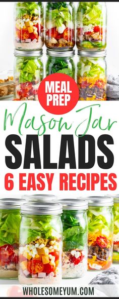 mason jar salads with text overlay reading meal prep mason jar salads 6 easy recipes