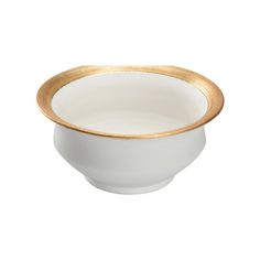 a white bowl with gold rim on a white background