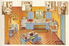 an old fashioned kitchen with blue cabinets and pictures on the wall