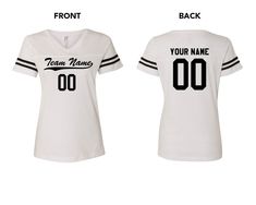 - This Personalized Football Jersey Team T-Shirts have your team name and number on the Front and name and number on the Back! Sold individually. ORDER PROCESSING TIME: - 3 to 5 Business Days (Excludes Shipping Time) MINIMUM ORDER: 1 Piece PERSONALIZED FOOTBALL JERSEY T-SHIRT FEATURES: - Custom printed LAT (Live and Tell) Ladies' V-Neck Football Shirt (3537) - Made of 4.5 oz. 100% combed ring-spun cotton fine jersey. CVC colors are made of 60% combed ring-spun cotton, 40% polyester. - Fit: Ladie Collegiate V-neck Top With Letter Print, Collegiate Baseball Jersey With Team Name And Crew Neck, White Team Spirit Jersey With Name Print, Team Spirit Baseball Jersey With Team Name, Team Spirit Jersey With Name Print For Team Events, Team Spirit Jersey With Team Logo, Team Spirit Jersey Top With Sublimation Print, Varsity Crew Neck T-shirt For Team Events, Team Spirit Jersey With Team Name For Fans