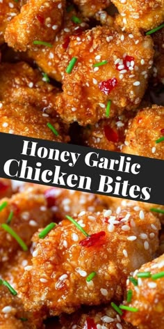 honey garlic chicken bites with sesame seeds on top