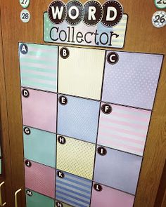 the door to word collector is decorated with many different colors and shapes, including stripes