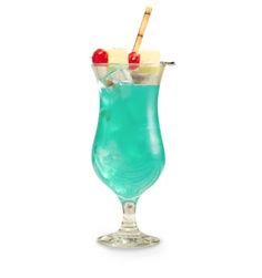 a tall glass filled with blue liquid and topped with a cherry