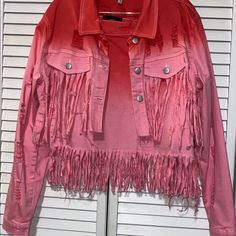 Pink Skirt And Jacket Set Trendy Spring Fringe Outerwear, Trendy Fringe Outerwear For Spring, Casual Fitted Fringe Outerwear, Spring Long Sleeve Fringe Outerwear, Long Sleeve Fringe Outerwear For Spring, Casual Fringe Outerwear For Spring, Fitted Long Sleeve Outerwear With Fringe, Fringe Skirt, Pink Skirt