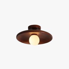 a light that is on top of a white wall and ceiling fixture with a brown finish