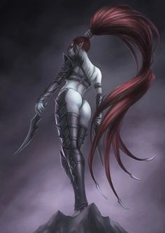 a woman with long red hair and armor standing on top of a mountain in the dark