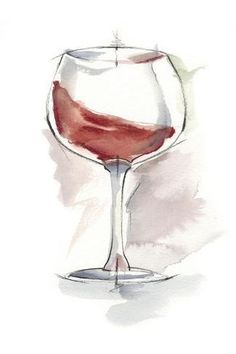 a watercolor painting of a glass of red wine on a white background with a shadow