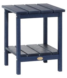 a blue wooden side table with one shelf on the bottom and two shelves below it