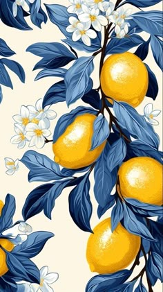 a yellow lemon tree with blue leaves and white flowers on a cream background is featured in this image