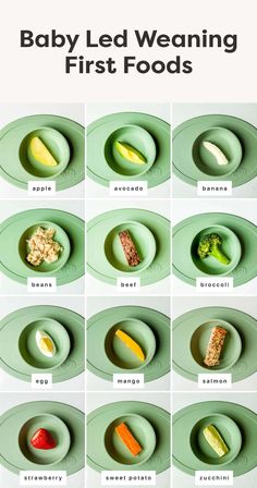 the baby led weaning first foods are shown in different bowls and on plates