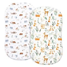 two baby swaddles with animals on them, one in white and the other in orange