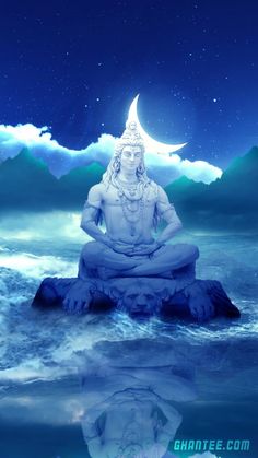 a statue sitting on top of a rock in the ocean under a moon filled sky