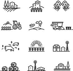 black and white farm line icons on a white background stock photo - image 34978