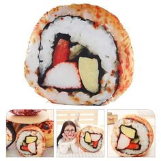 a woman sitting in front of a sushi roll