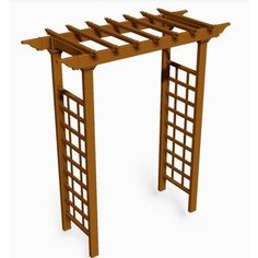 an outdoor wooden arbor with lattices on the top and bottom sides, set against a white background