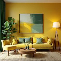 a living room with yellow furniture and green curtains