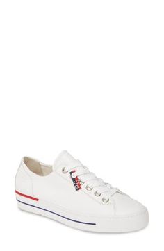 Slim, colorful stripes race around the optic-white foxing of a sneaker crafted simply with a lace-to-toe profile and a soft terry lining. Lace-up style Leather upper/leather and textile lining/synthetic sole Imported Salon Shoes White Round Toe Sneakers With Signature Stripes, White Sneakers With Signature Stripes And Round Toe, White Low-top Sneakers With Signature Stripes, White Casual Sneakers With Signature Stripes, Casual White Sneakers With Signature Stripes, White Lace-up Sneakers With Signature Stripes, White Sporty Sneakers With Signature Stripes, Womens Waterproof Boots, Top Sneakers Women