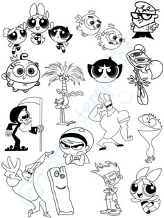 cartoon characters with different expressions in black and white, including the letter o on each side