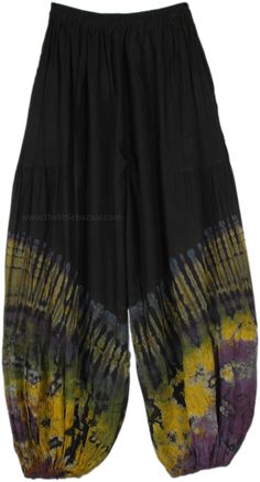 The striking flaming tie-dye pattern adds an exciting burst of cool colors to these black balloon trousers.  With their super comfortable rayon fabric, elastic waist, and ankle elastic, these Harem-style pants are easy pull-ups and a perfect travel companion. #tlb #SplitSkirtsPants #vacationclothing #beachwrap #TieDye #bohemianfashion #hippieharempants Black Hippie Bottoms With Elastic Waistband, Black Hippie Pants For Spring, Casual Black Rayon Bottoms, Black Harem Pants For Spring Festival, Black Rayon Casual Pants, Casual Black Rayon Pants, Balloon Trousers, Black Balloon, Dr Closet