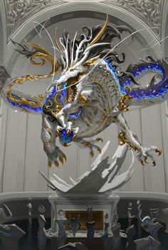 a white and blue dragon statue sitting on top of a table