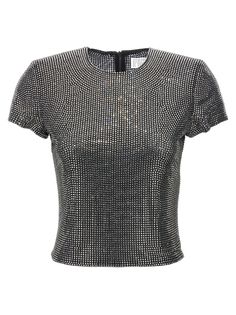 Mesh fabric T-shirt with all-over rhinestones, crew neck, short sleeves, back zip closure. Composition: 82% polyamide, 18% elastane Elegant Short Sleeve T-shirt For Evening, Embellished T-shirt For Night Out, Fitted Rhinestone Crew Neck T-shirt, Short Sleeve Tops With Rhinestones For Night Out, Fitted Crew Neck T-shirt With Rhinestones, Glamorous Short Sleeve T-shirt For Night Out, Fitted Rhinestone T-shirt For Party, Glamorous Embellished Crew Neck Tops, Embellished Short Sleeve Tops For Night Out