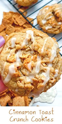 cinnamon toast crunch cookies with white icing on a cooling rack and text overlay