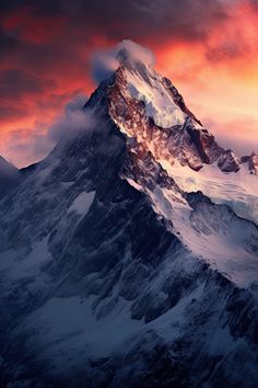 a mountain covered in snow under a red sky with clouds and sun setting behind it