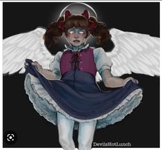 a drawing of an angel sitting on top of a woman's lap with her hands in her pockets