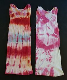 "I am about to create a whole new batch of tie-dyed tees, so I am offering the last of the my existing inventory at a CLOSEOUT PRICE! And two for one at that! What could be better? This is a great way to start or add to your tie-dye shirt collection.  This is for two tie dyed ribbered tank shirts, men's SIZE LARGE. One pink and white, one magenta/pink orange and blue. The shirt are unisex, and make a great item for women as well! Please refer to the size chart for more exact measurements.  Ladies, please see \"mannequin photo\" that shows - if you have a certain body type - it can be worn as a mini dress as well. But also note how LARGE the armholes are. Shows a lot of skin from the side. Simply an FYI... The shirts that are pictured in the photos are the actual shirts that will be sent. I Hippie Grunge, 1970s Hippie, Tie Dye Outfits, Magenta Pink, Beach Casual, Tie Dye Designs, Grunge Punk, Tie Dye Shirt, Dye Shirt