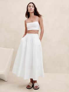 Ariella Poplin Midi Skirt | Banana Republic Poplin Midi Skirt, White Cotton Maxi Skirt, Full Midi Skirt, Midi Skirt Outfit, Cotton Maxi Skirts, Honeymoon Outfits, Ankle Length Skirt, Blue City, Linen Skirt