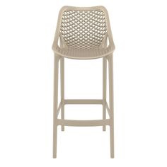 a white plastic bar stool with latticed back and seat, viewed from the front