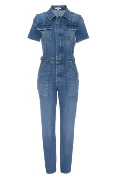 Get to work in this utility jumpsuit designed in a casual-cool wash with abbreviated sleeves and straight legs. 54 1/2" length; 27 1/2" inseam, 13" leg opening (size 3) Spread collar Short sleeves 72% cotton, 25% recycled cotton, 2% polyester, 1% elastane Machine wash, tumble dry Made in Turkey Black Owned and Founded Denim Bodysuit, Terry Cloth Romper, Utility Jumpsuit, Leather Jumpsuit, Suit Jumpsuit, Flight Suit, Bodycon Jumpsuit, Designer Jumpsuits, American Denim