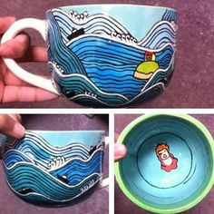 a hand painted coffee cup with a cartoon character on the inside and bottom, in three different stages