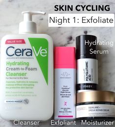 Skin cycling routine exfoliation night 1 Skin Cycling Exfoliation, Skin Care Cycling, Skin Care Cycling Routine, Skin Cycling Routine For Acne, Skincare Cycling Routine, Skin Cycling Routine Products, Face Cycling, Skin Cycling Routine, Exfoliation Routine