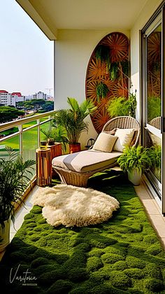 a balcony with green grass and plants on it