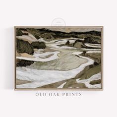 an old oak print with snow on the ground and mountains in the background, framed by a wooden frame