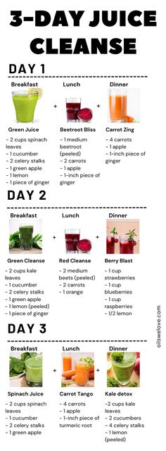 the 3 - day juice cleanse recipe is shown in this image, with instructions to make