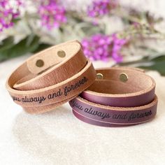 Introducing our NEW personalized laser engraved triple wrap leather bracelet. This customizable and adjustable boho style cuff can be engraved with a name or special message on the outside, inside or both sides of the bracelet, making it an ideal gift for that special someone. Meticulously handcrafted, these triple wrap bracelets are created with two luxurious and enduring Horween leather colors. With four options of top-quality hardware colors and three distinct laser engraved fonts, you have the creative freedom to design a truly unique bracelet. Each order includes one handcrafted leather bracelet. If personalization is selected, we kindly request that you carefully review your choices before placing your order. Please ensure the accuracy of the letter(s)/initial(s)/symbol(s) are correc Adjustable Engraved Leather Jewelry, Adjustable Brown Laser Engraved Jewelry, Adjustable Laser Engraved Bracelets For Everyday Wear, Personalized Adjustable Leather Jewelry, Adjustable Stamped Leather Bracelet, Adjustable Leather Cuff Bracelet As Gift, Adjustable Stamped Brown Bracelets, Adjustable Leather Bracelet With Stamp Details, Stamped Leather Cuff Bracelet Gift